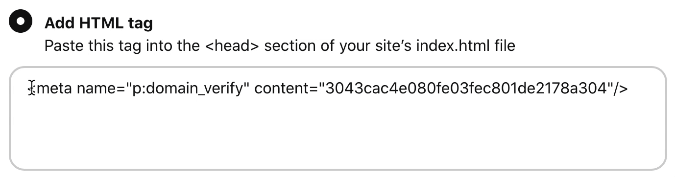 Select and copy the HTML verification code in Pinterest