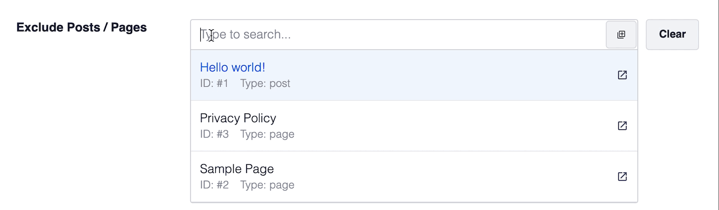 Typing the title of a page in the Exclude Posts / Pages field