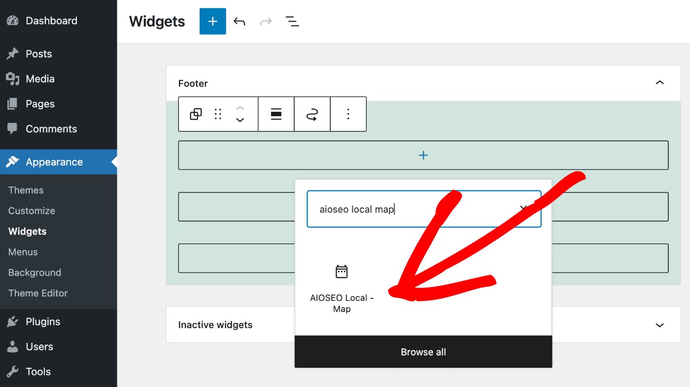 Searching for the AIOSEO Local Map widget under Appearance > Widgets
