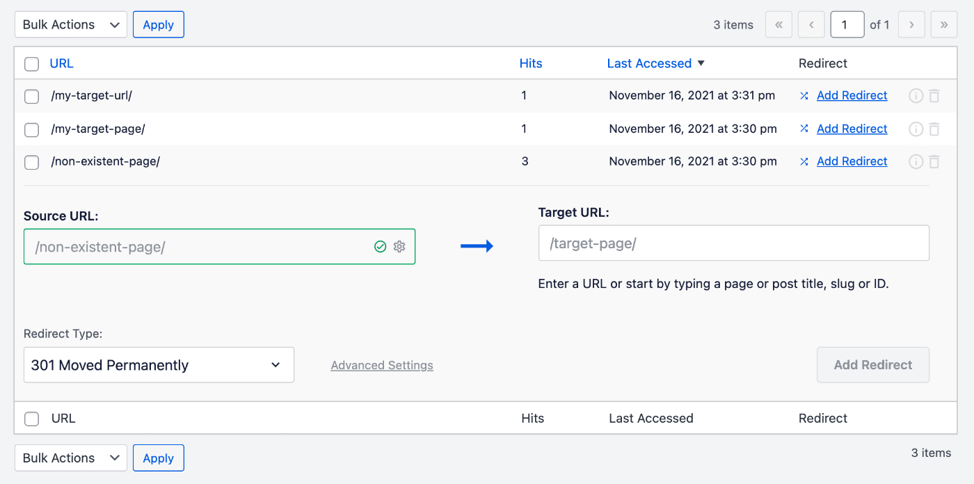 Add Redirect form on the 404 Logs screen