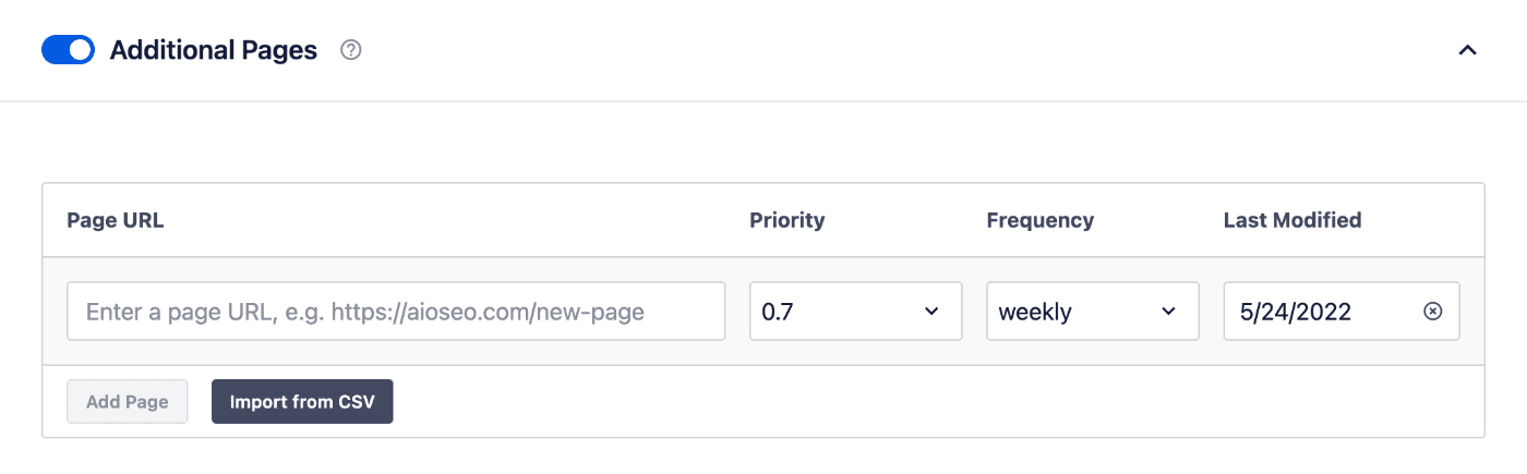 Additional Pages feature in the XML Sitemap settings