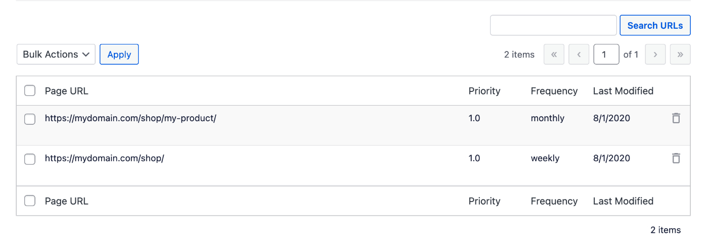 Table showing pages added using the Additional Pages form