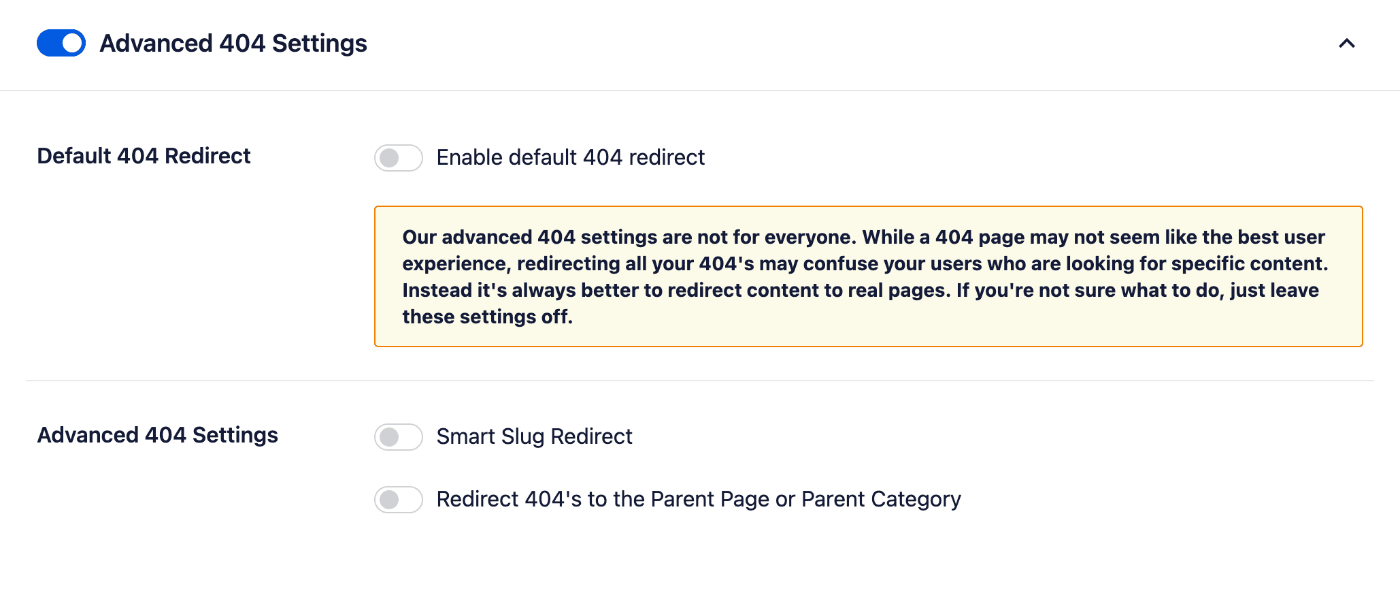 Advanced 404 Settings section showing the settings