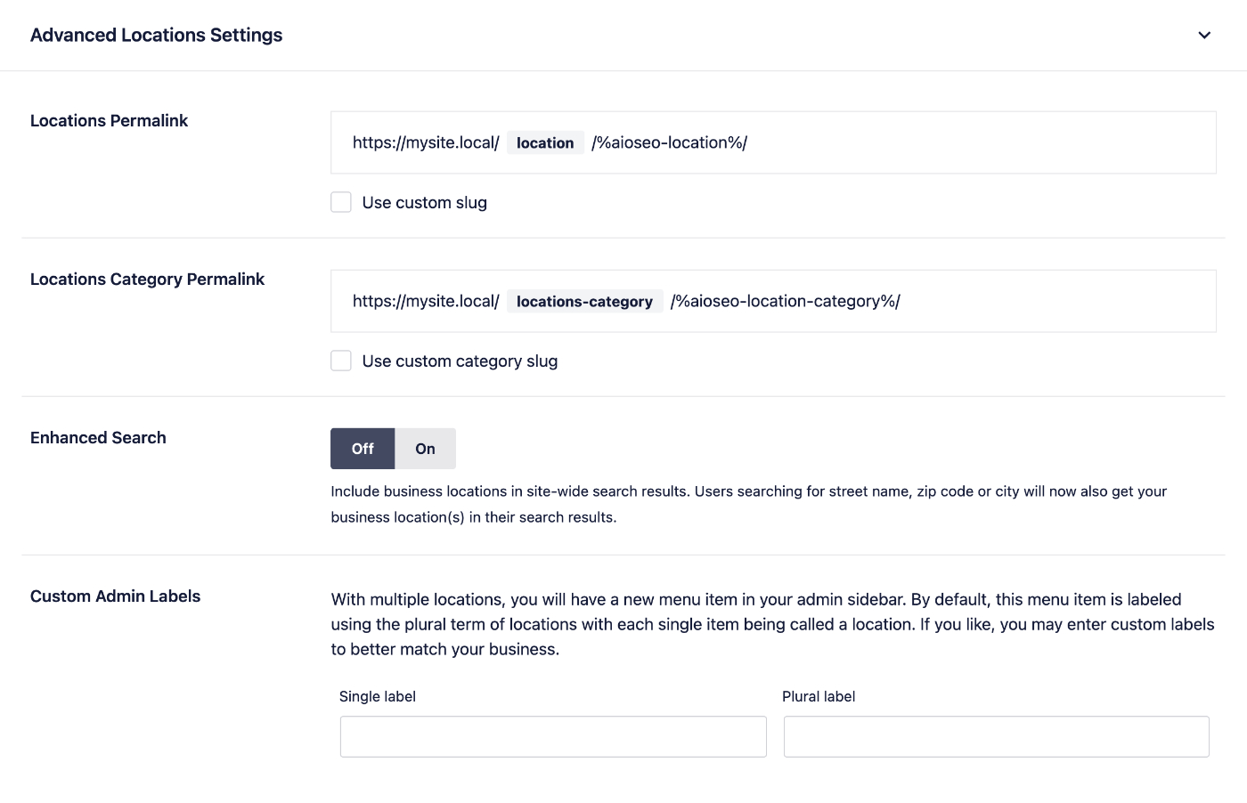 Advanced Locations Settings section in the Local SEO addon