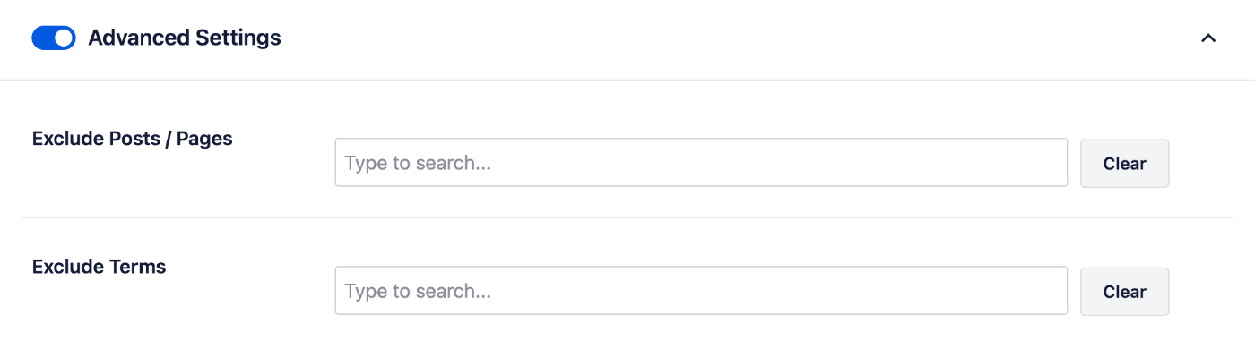 Advanced Settings section of HTML Sitemap settings showing the Exclude Posts / Pages and Exclude Terms fields