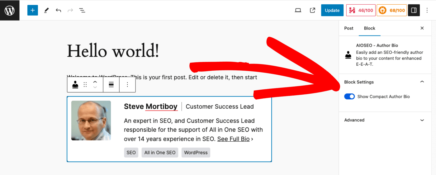 AIOSEO – Author Bio block shown on the Edit Post screen with the Block Settings in the right-hand sidebar