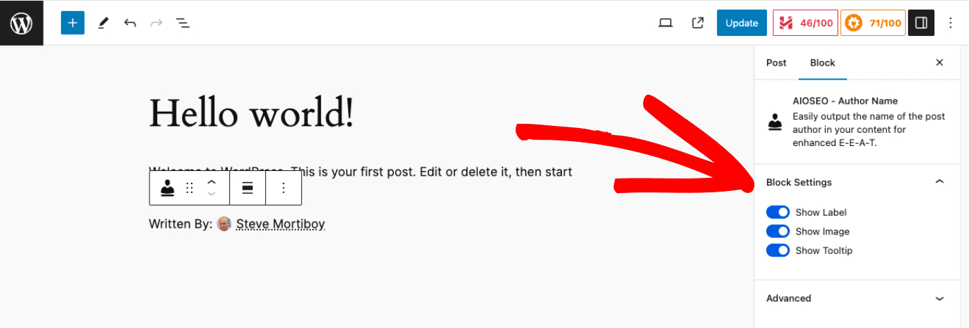 AIOSEO – Author Name block shown on the Edit Post screen with the Block Settings in the right-hand sidebar