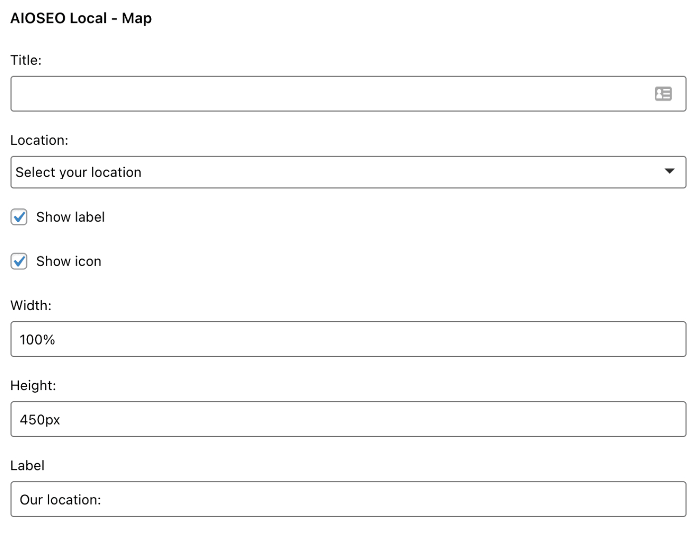 AIOSEO Local Map widget settings