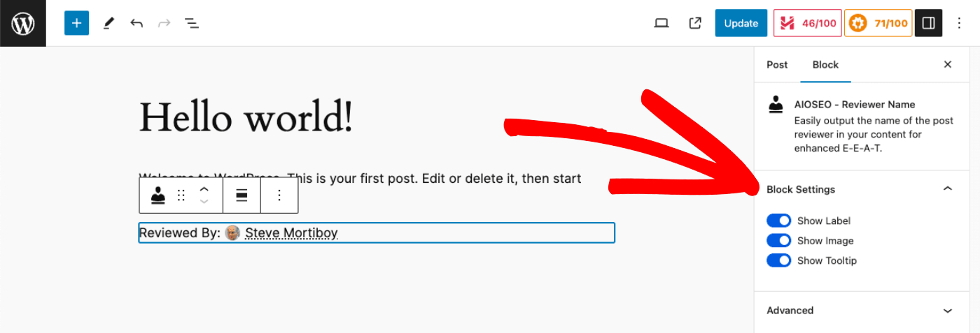 AIOSEO – Reviewer Name block shown on the Edit Post screen with the Block Settings in the right-hand sidebar
