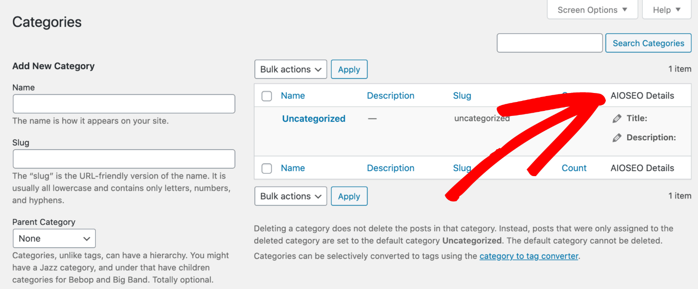 All in One SEO column on the Categories screen