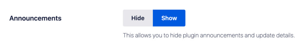 Announcements setting on the Advanced tab of the General Settings