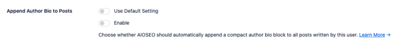 Append Author Bio to Posts setting shown in the Author Info area