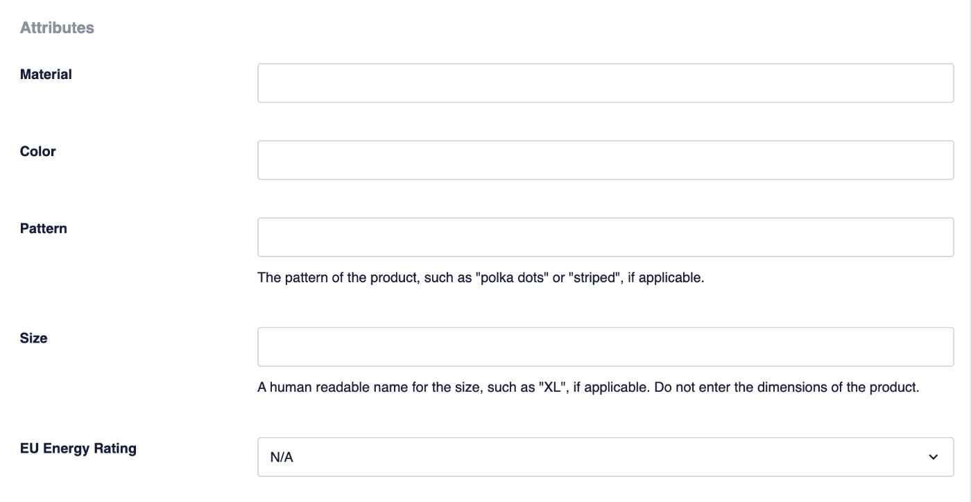 Attributes section of the Product Schema fields