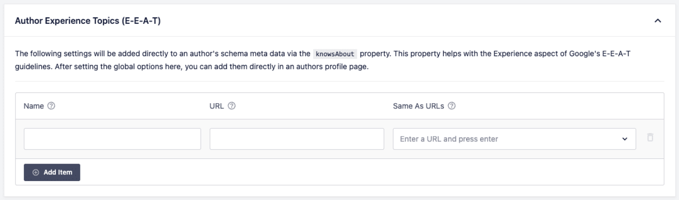 Author Experience Topics fields shown in All in One SEO