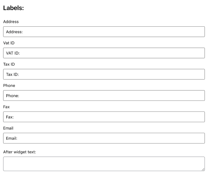 Business Info widget showing Labels fields