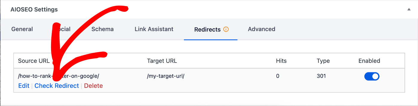 Check Redirect link in the AIOSEO Settings on Edit Post screen