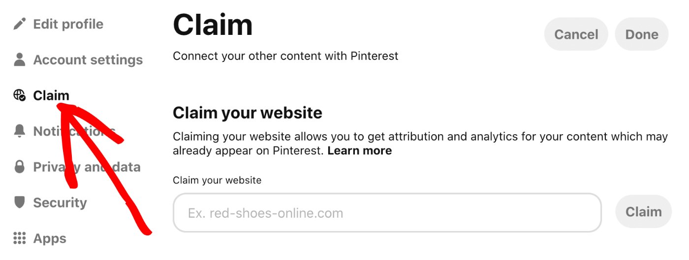 Claim screen on Pinterest