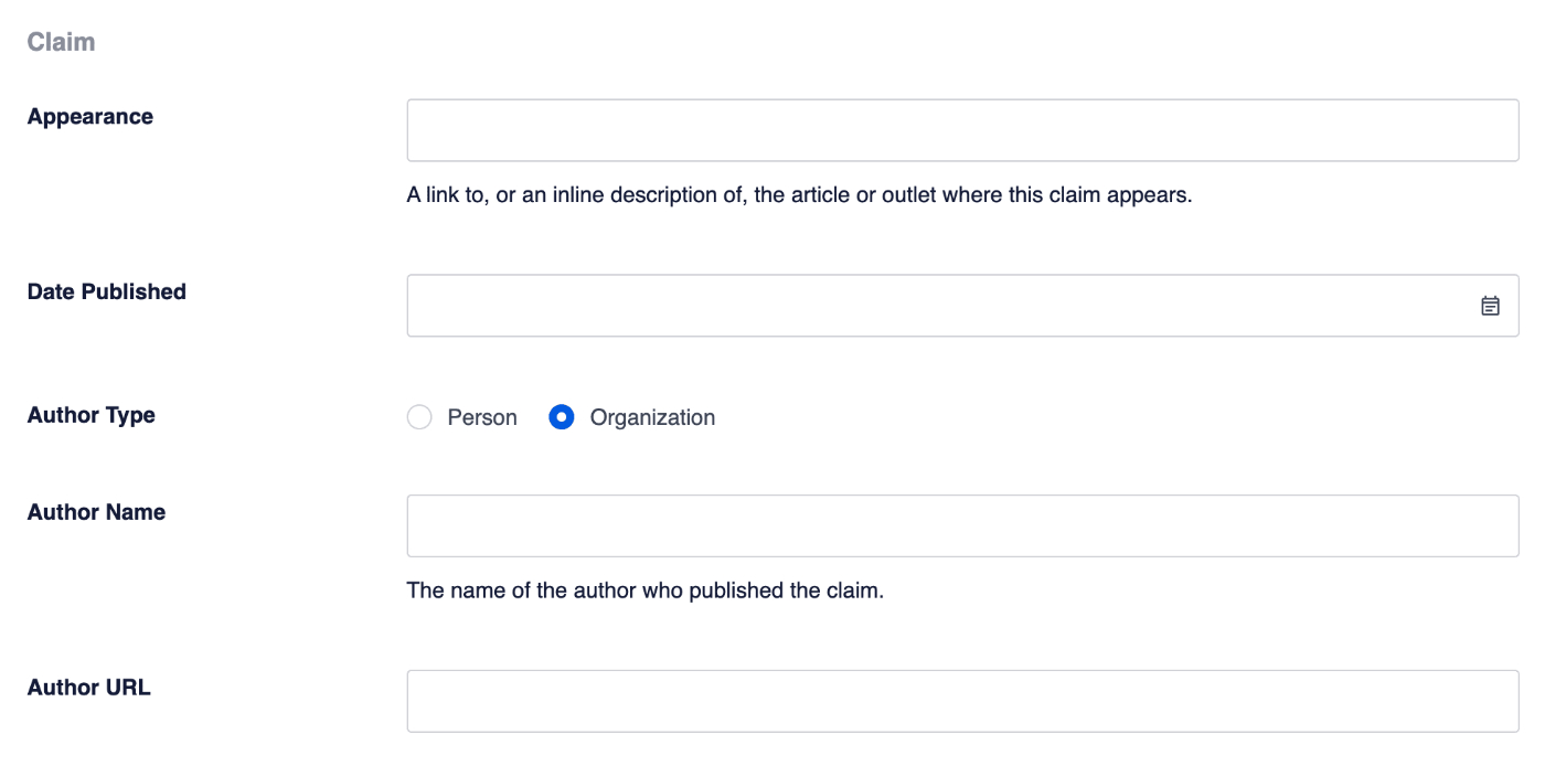 Claim section of the Fact Check schema screen