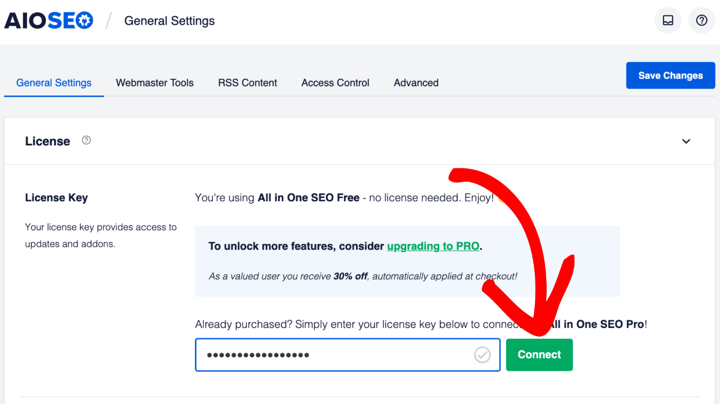 Connect button next to the License Key field in All in One SEO