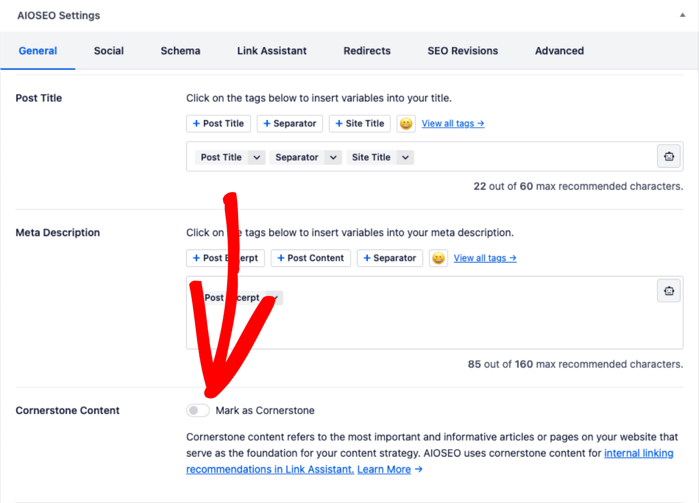 Cornerstone Content in the AIOSEO Settings section of the Edit Post screen