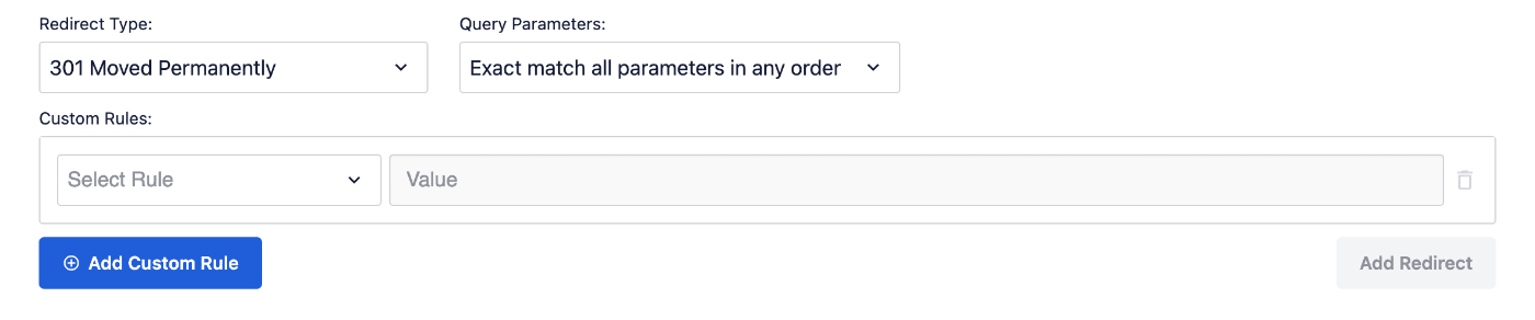 Custom Rules fields in the Add New Redirection form