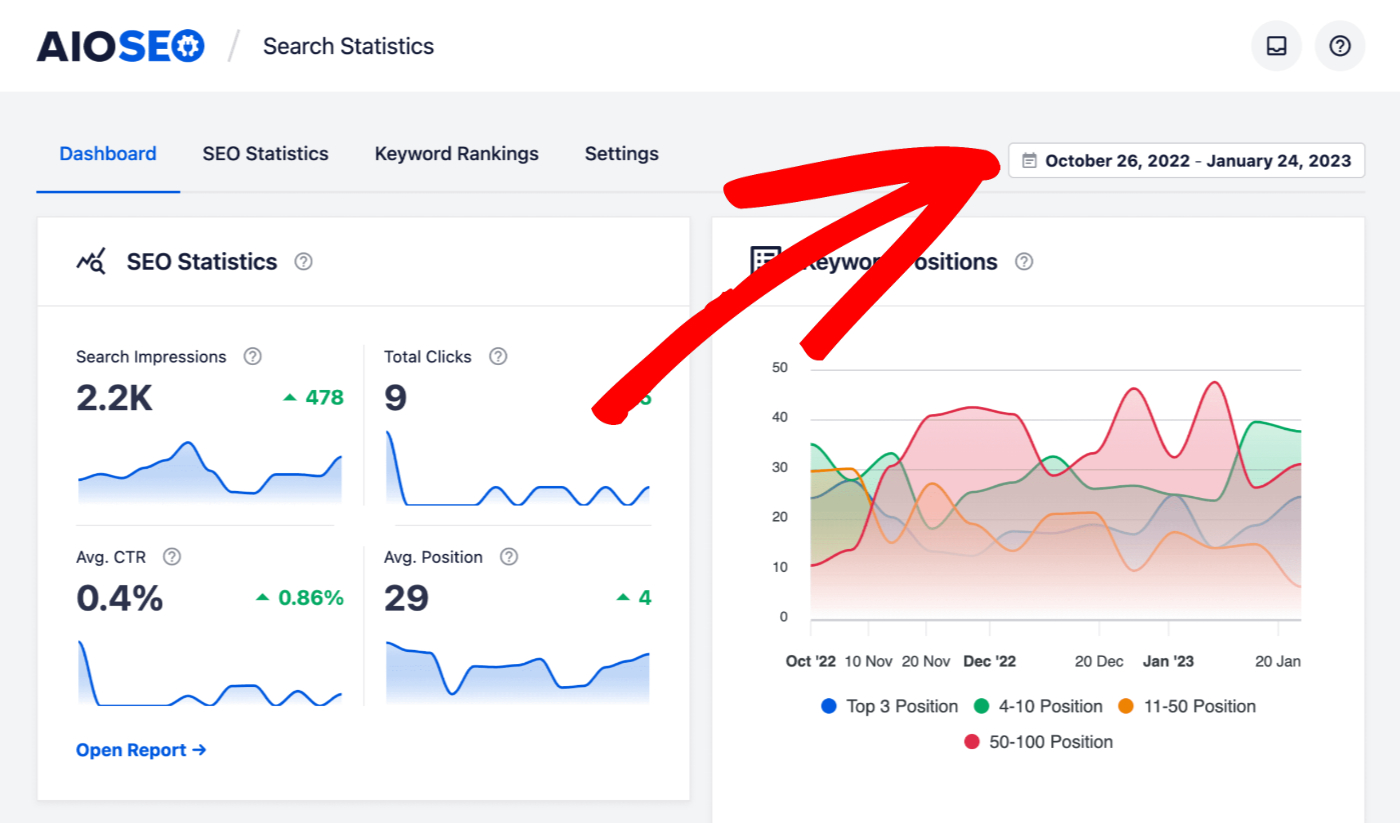 Date range shown on the Search Statistics Dashboard