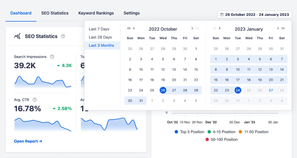 Date range selector on the Search Statistics Dashboard