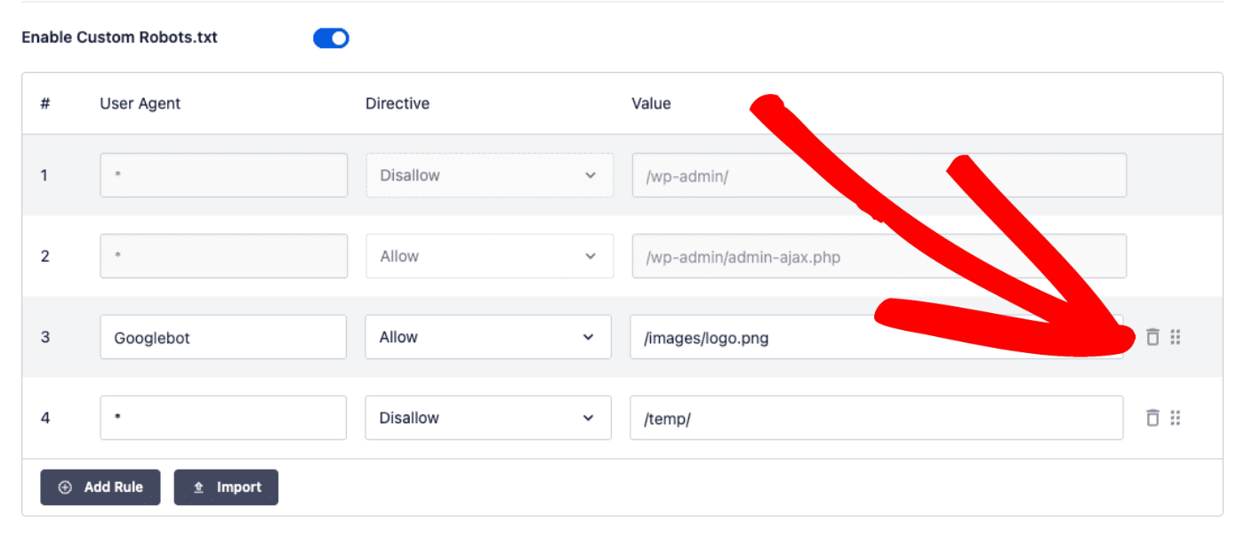 Deleting a custom robots.txt rule in the rule editor