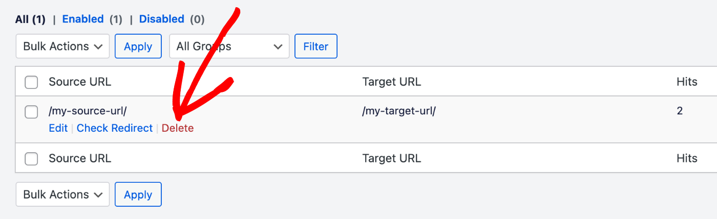 Delete link in the Redirects table