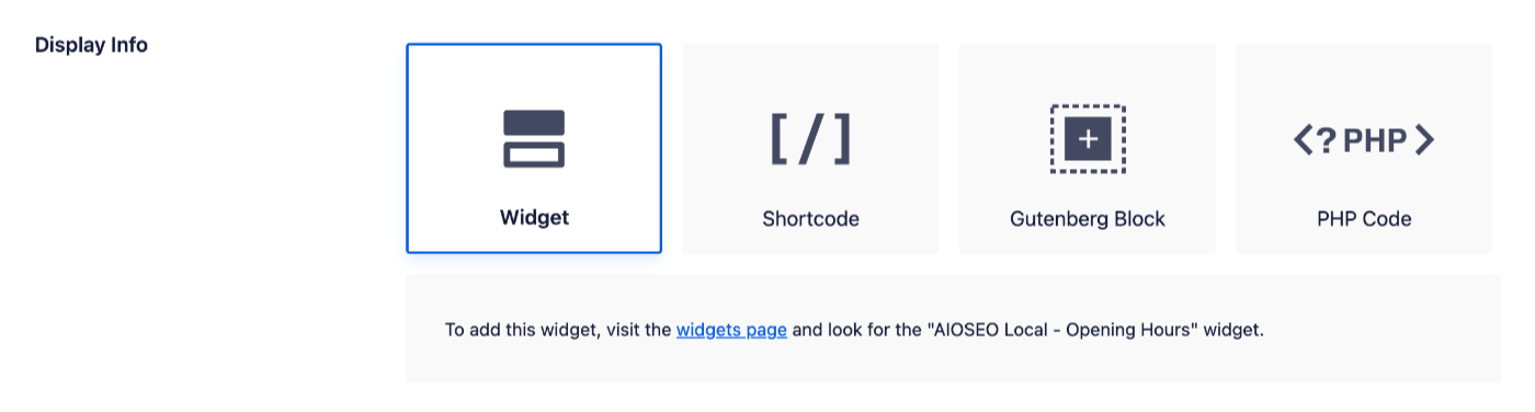 Display Info section where you can choose how you want to display opening hours on your site