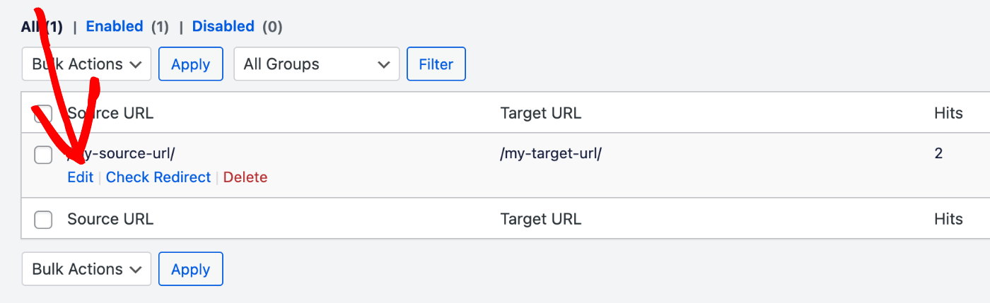 Edit link in the Redirects table