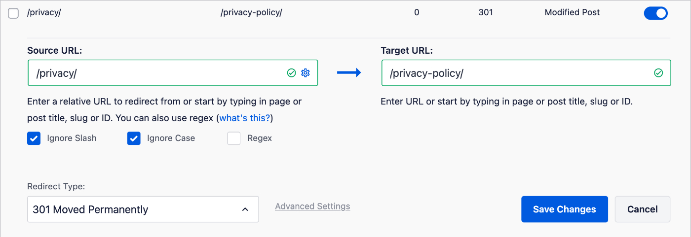 Edit Redirect form in the Redirection Manager