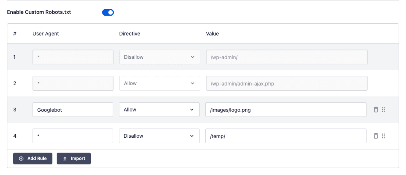 Editing a custom robots.txt rule in the rule editor