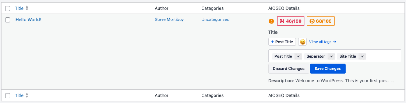 SEO Title field shown in the AIOSEO Details column on the All Posts screen