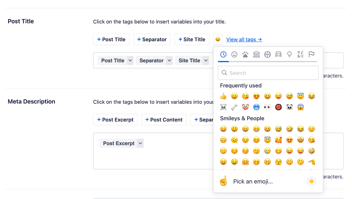 Emoji picker in All in One SEO shown on the Edit Post screen