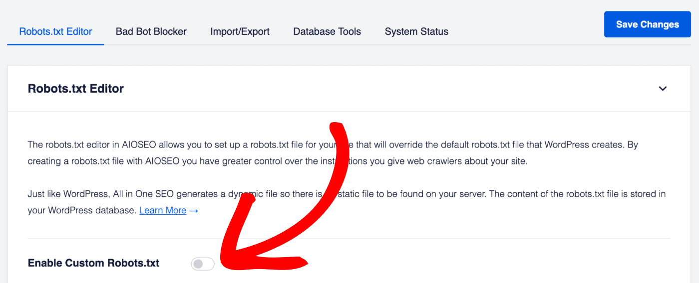 Click the Enable Custom Robots.txt toggle in the Robots.txt Editor