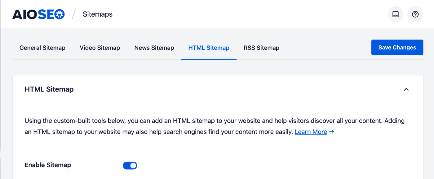 Enable Sitemap toggle on the HTML Sitemap settings screen