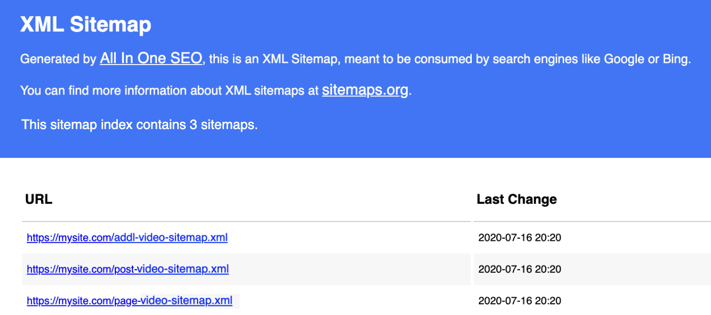 Example of a Video Sitemap generated by All in One SEO