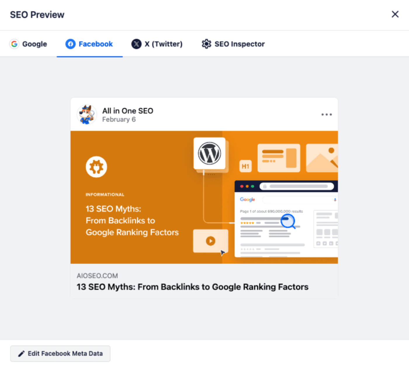 Facebook tab in the SEO Preview popup in All in One SEO