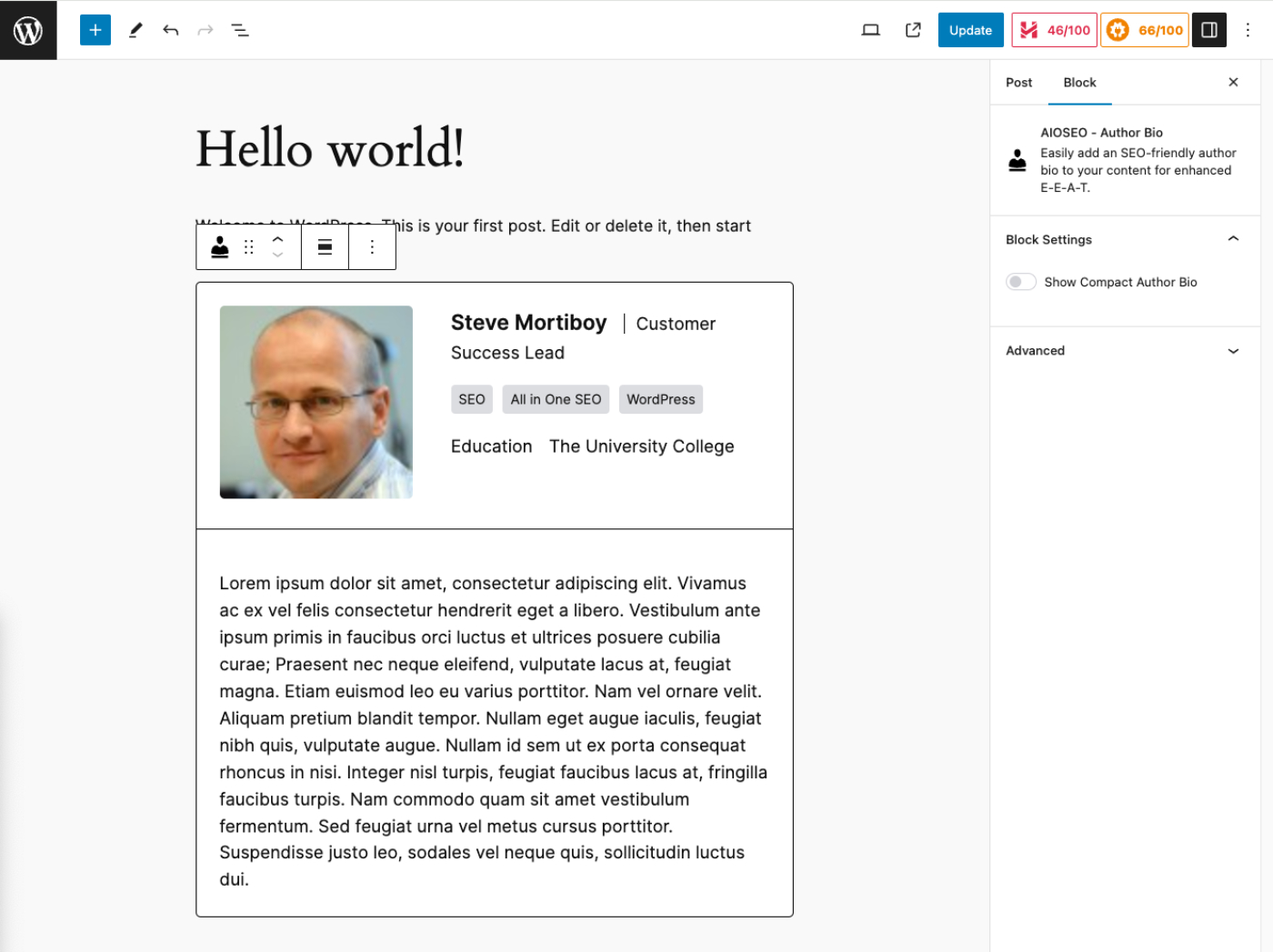 AIOSEO – Author Bio block showing the full author bio on the Edit Post screen with the Block Settings in the right-hand sidebar