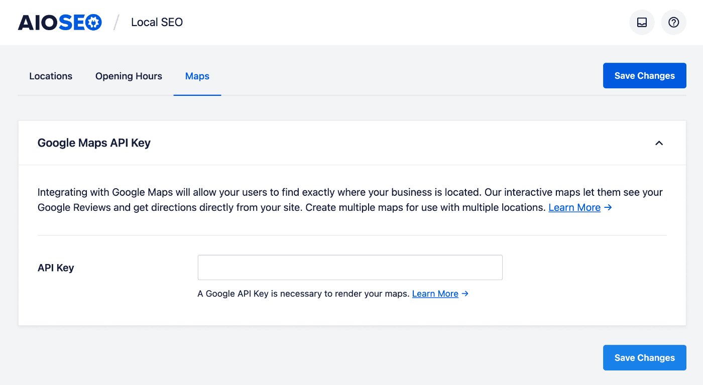 Google Maps API Key settings in All in One SEO Local SEO settings