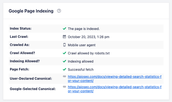 Google Page Indexing widget on the detailed Search Statistics screen