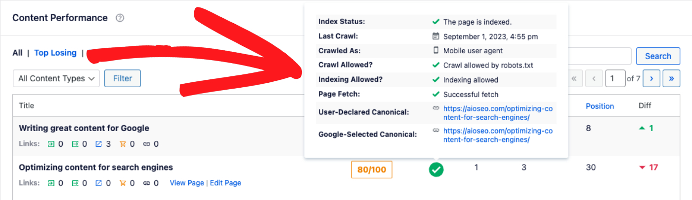 Hover over the index status icon showing the popup