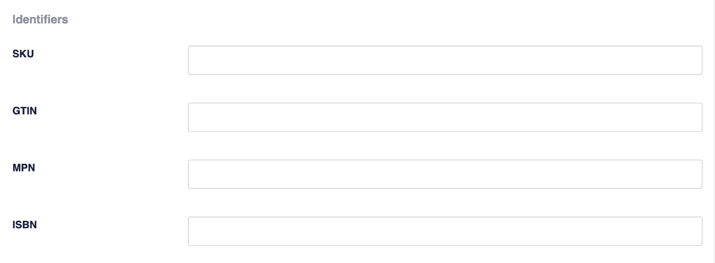 Identifiers section of the Product Schema fields