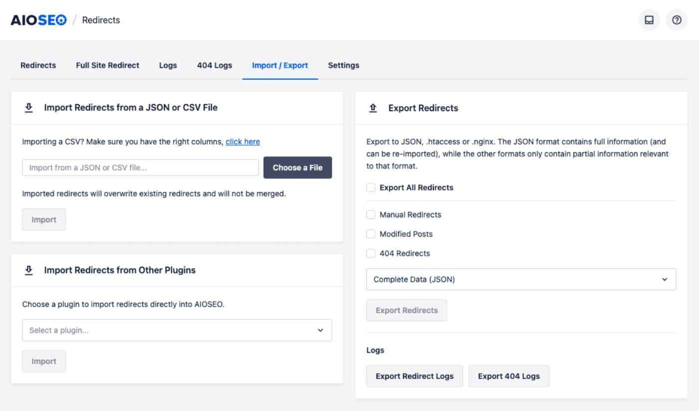 Import / Export Redirects screen in All in One SEO