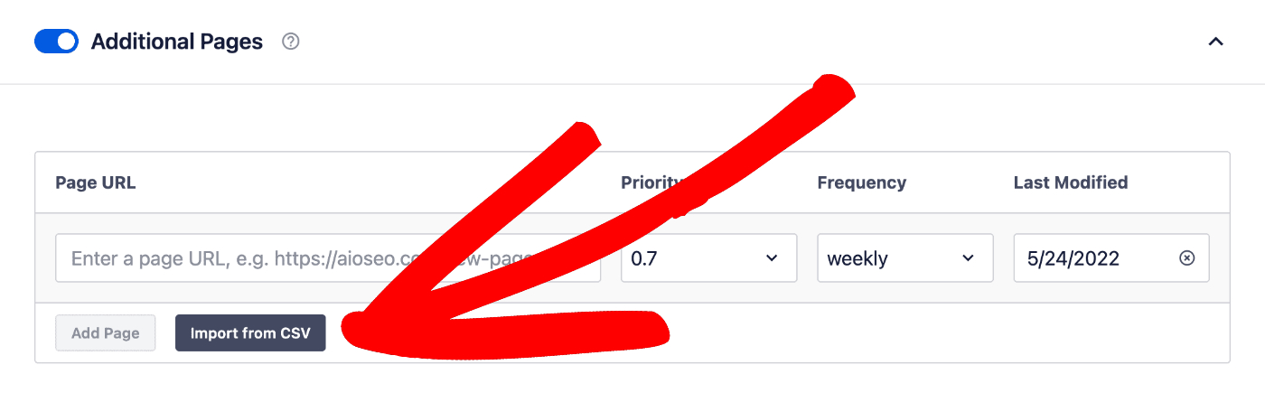 Import from CSV button un the Additional Pages section