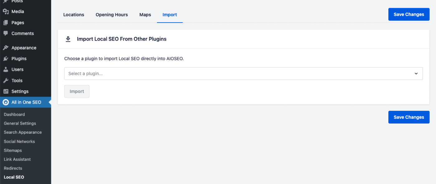 Import screen in the Local SEO addon for All in One SEO