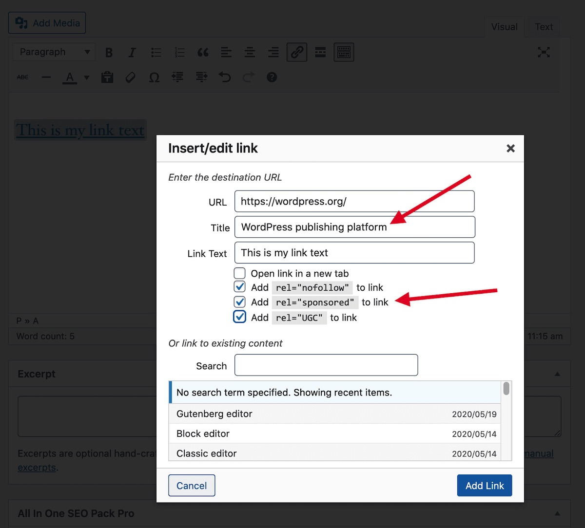 Link Options in the WordPress Classic Editor