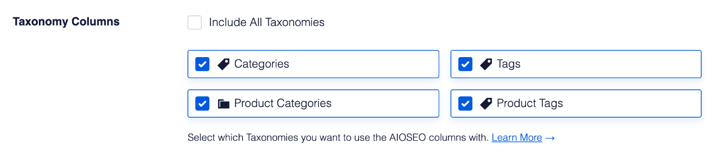 Checkboxes of all taxonomies in Taxonomy Columns setting