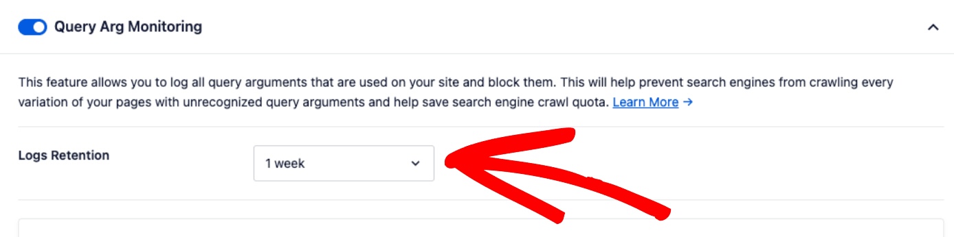 Log Retention setting shown in Query Arg Monitoring